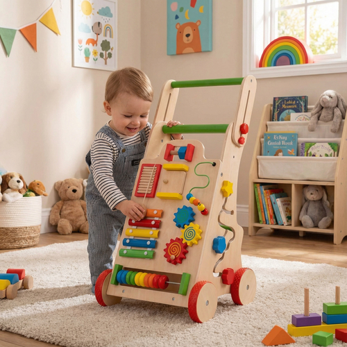 KiddyMoon Wooden Walker for Babies and Toddlers Push-Along WK-002, Multicolored, Adjustable Handle