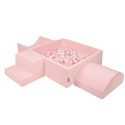 KiddyMoon Foam Playground for Kids with Square Ballpit ( ∅ 7cm/2.75In) Soft Obstacles Course and Ball Pool, Certified Made In The EU, pink:powder pink/pearl/transparent, Ballpit (200 Balls) + Version 6