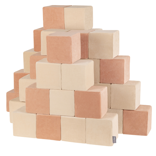 KiddyMoon Soft Foam Building Blocks for Babies & Toddlers, Washable Velvet Zip Cover, 14cm Cubes, Sensory Toy, cubes: sand beige-desert pink, 12 Pieces