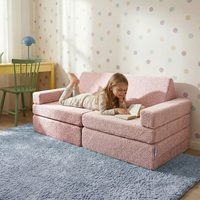KiddyMoon Sofa for Kids in Foam with Soft Teddy Fabric, Modular and Foldable, with 2 Cushions, for Playing, Reading and Relaxing, pink, Sofa with 2 Pillows