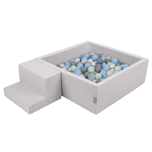 KiddyMoon Foam Playground for Kids with Square Ballpit ( ∅ 7cm/2.75In) Soft Obstacles Course and Ball Pool, Certified Made In The EU, lightgrey:pearl/grey/transparent/babyblue/mint, Ballpit (200 Balls) + Steps