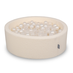 KiddyMoon Ball Pit for Baby with Teddy Plush, Large 7 cm Balls for a Fuller Ball Pit, From 8 Months, Removable Cover, Cream: Pearl/Transparent, 90x30cm/200 balls