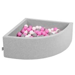 KiddyMoon Soft Ball Pit Quarter Angular ∅ 7cm / 2.75In for Kids, Foam Ball Pool Baby Playballs, Made In The EU, light grey:grey/white/pink, 90 x 30 cm / 200 Balls