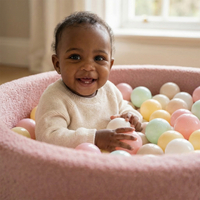 KiddyMoon Ball Pit for Baby with Teddy Plush, Large 7 cm Balls for a Fuller Ball Pit, From 8 Months, Removable Cover, Pink: Pastel Beige/Pastel Yellow/White/Mint/Powder Pink, 90 x 30 cm / 300 Balls