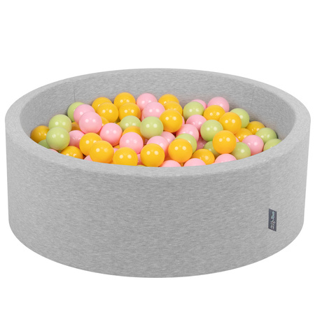 KiddyMoon Baby Foam Ball Pit with Balls ∅ 7cm / 2.75in Made in EU, light grey:light green/yellow/powder pink, 90x30cm/300 balls