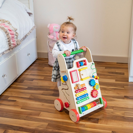 KiddyMoon Wooden Baby Walker Interactive Educational Toy for Children Multifunctional Push-Along Toy for Babies Montessori Walker for Kids Model WK-002, Multicolored, Standard