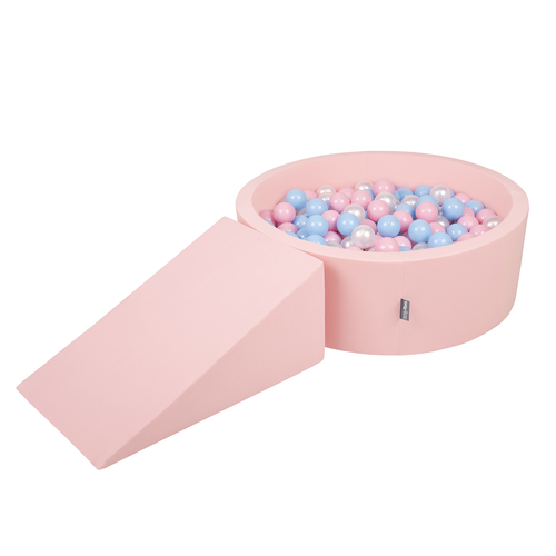 KiddyMoon Foam Playground for Kids with Round Ballpit ( ∅ 7cm/2.75In) Soft Obstacles Course and Ball Pool, Certified Made In The EU, pink:babyblue/powder pink/pearl, Ballpit (200 Balls) + Wedge