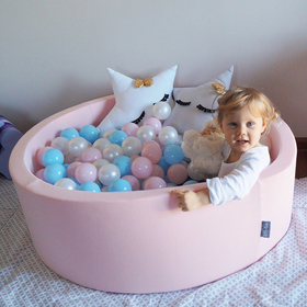 KiddyMoon Baby Foam Ball Pit with Balls ∅ 7cm / 2.75in Made in EU, pink:baby blue/light pink/pearl, 90x30cm/300 balls