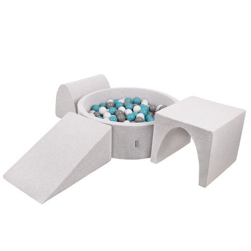 KiddyMoon Foam Playground for Kids with Round Ball pit (Balls ∅ 7cm/2.75In) Soft Obstacles Course and Ball Pool, Made In EU, lightgrey:grey/white/turquoise, Ballpit (200 Balls) + Version 2