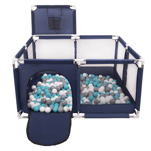 square play pen filled with plastic balls basketball, Blue:grey/white/turquoise, 100 balls