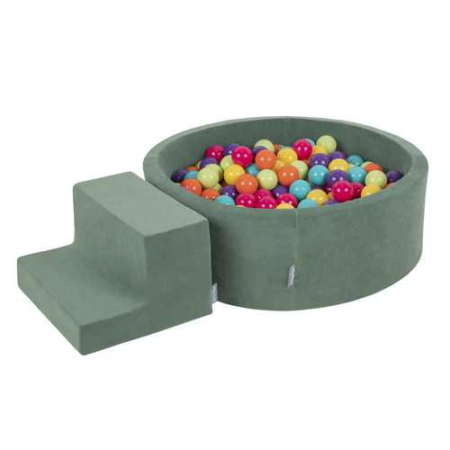 KiddyMoon Foam Playground Velvet for Kids with Round Ball pit (∅ 7cm/2.75In) Soft Obstacles Course and Ball Pool, Certified Made In The EU, forest green:light green/yellow/turquoise/orange/dark pink/purple, Ballpit (200 Balls) + Steps