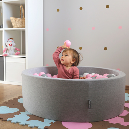 KiddyMoon Baby Foam Ball Pit with Balls ∅ 7cm / 2.75in Made in EU, light grey:grey/white/pink, 90x30cm/200 balls