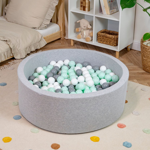 Soft Ball Pit Pool Round 90x30cm for Baby Toddler 200/300 Balls Foam, light grey:white/grey/mint, 90x30cm/200 balls