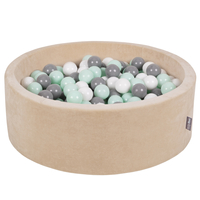 KiddyMoon Soft Ball Pit Round 7cm / 2.75In for Kids, Foam Velvet Ball Pool Baby Playballs, sand beige:white/grey/mint, 90 x 30 cm / 300 Balls