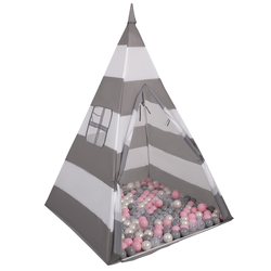 Teepee Tent for Kids Play House With Balls Indoor Outdoor Tipi, grey-whitestripes:pearl/grey/transparent/lightpink, 100 Balls