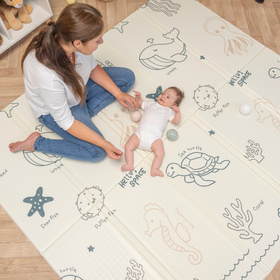 KiddyMoon Baby Play Mat Double-Sided Foam Mat For Kids Crawling Mat For Children Encourages Imagination Colourful Patterns Play Area Foldable Ideal for Indoors and Outdoors, Brown-Sea, 180x200x1,5cm