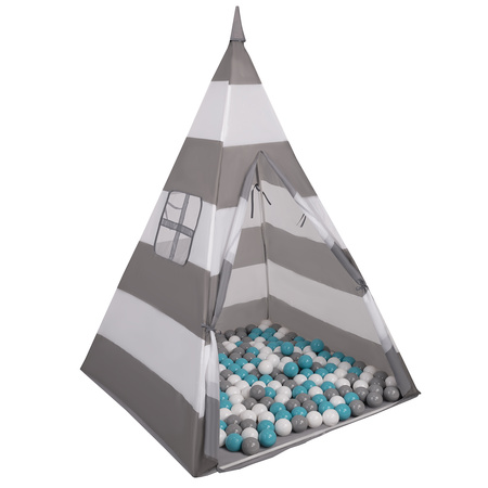 Teepee Tent for Kids Play House With Balls Indoor Outdoor Tipi, grey-white stripes: grey/white/turquoise, 100 Balls