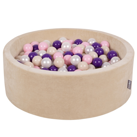 KiddyMoon Soft Ball Pit Round 7cm / 2.75In for Kids, Foam Velvet Ball Pool Baby Playballs, sand beige:pastel beige/light pink/pearl/purple, 90x30cm/300 balls