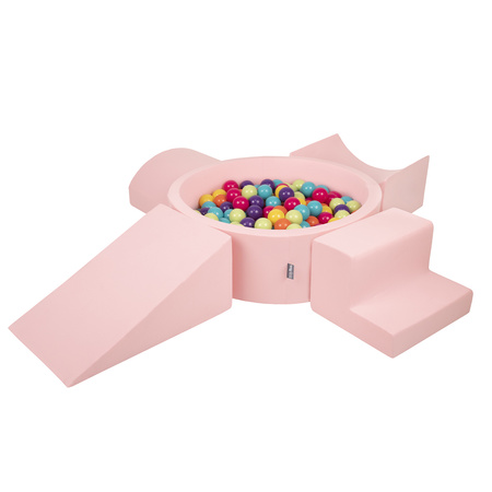 KiddyMoon Foam Playground for Kids with Round Ballpit ( ∅ 7cm/2.75In) Soft Obstacles Course and Ball Pool, Certified Made In The EU, pink:lgreen/yellow/turquoise/orange/dpink/purple, Ballpit (200 Balls) + Version 5