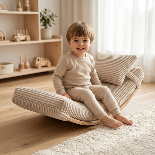 KiddyMoon Cushion Set For Balance Board Mattress and Pillow Ribbed Fabric Washable Cover, beige, Mattress/Pillow