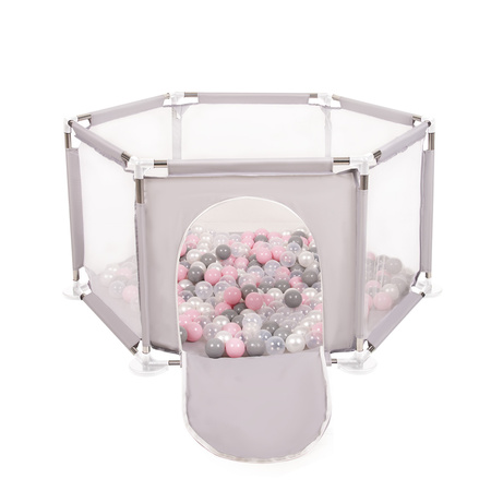 hexagon 6 side play pen with plastic balls, Grey:pearl/grey/transparent/powder pink, 100 balls