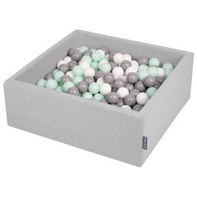 KiddyMoon Baby Foam Ball Pit with Balls ∅ 7cm / 2.75in Square Made in EU, light grey: white/grey/mint, 90x30cm/200 balls