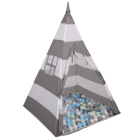 Teepee Tent for Kids Play House With Balls Indoor Outdoor Tipi, grey-whitestripes:pearl/grey/transparet/bblue/mint, 200 Balls