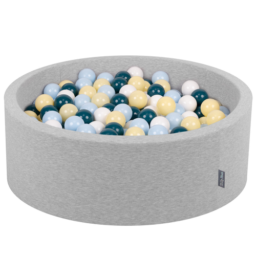 KiddyMoon Baby Foam Ball Pit with Balls ∅ 7cm / 2.75in Made in EU, light grey:dark turquoise/pastel blue/pastel yellow/white, 90 x 30 cm / 300 Balls