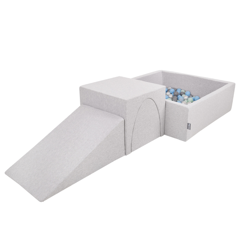 KiddyMoon Foam Playground for Kids with Square Ballpit ( ∅ 7cm/2.75In) Soft Obstacles Course and Ball Pool, Certified Made In The EU, lightgrey:pearl/grey/transparent/babyblue/mint, Ballpit (200 Balls) + Version 2