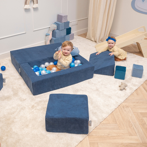 KiddyMoon Modular Foam Sofa for Children's with Balls Lightweight Sofa For Kids Room Comfortable Space-Saving with Storage Room Fabric Safe and Fun for Kids, navy blue: babyblue/blue/pearl, Sofa + 100 Balls