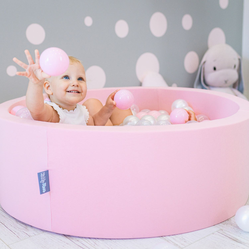 KiddyMoon Baby Foam Ball Pit with Balls ∅ 7cm / 2.75in Made in EU, pink:light pink/pearl/transparent, 90x30cm/300 balls
