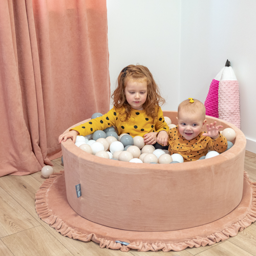 KiddyMoon Soft Ball Pit Round 7cm / 2.75In for Kids, Foam Velvet Ball Pool Baby Playballs, sand beige: pastel beige/white/pearl, 90x30cm/200 balls