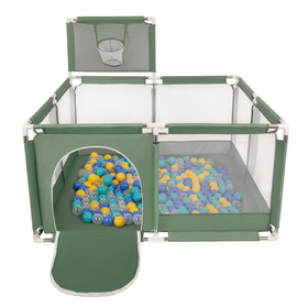 square play pen filled with plastic balls basketball, green:turquoise/blue/yellow/transparent, 100 balls