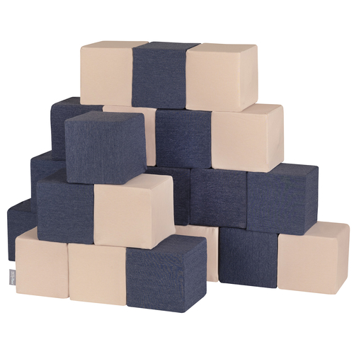 KiddyMoon Soft Foam Building Blocks for Babies & Toddlers, Washable Cotton Zip Cover, 14cm Cubes, Sensory Toy, cubes: dark blue-beige, 24 Pieces