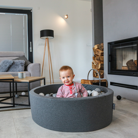 KiddyMoon Baby Foam Ball Pit with Balls ∅ 7cm / 2.75in Made in EU, dark grey:powder pink/pearl/gold, 90x30cm/300 balls