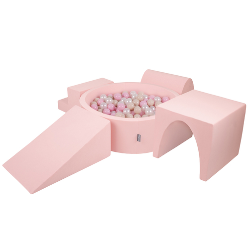 KiddyMoon Foam Playground for Kids with Round Ballpit ( ∅ 7cm/2.75In) Soft Obstacles Course and Ball Pool, Made In The EU, pink:pastel beige/light pink/pearl, Ballpit (300 Balls) + Version 3