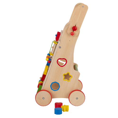 KiddyMoon Wooden Baby Walker Interactive Educational Toy for Children Multifunctional Push-Along Toy for Babies Montessori Walker for Kids Model WK-002, Multicolored, Adjustable Handle