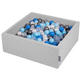 KiddyMoon Baby Foam Ball Pit with Balls ∅ 7cm / 2.75in Square Made in EU, light grey:pearl/blue/baby blue/transparent/silver, 90x30cm/300 balls