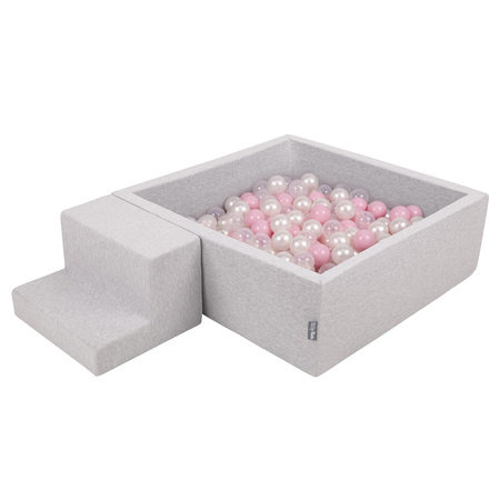 KiddyMoon Foam Playground for Kids with Square Ballpit ( ∅ 7cm/2.75In) Soft Obstacles Course and Ball Pool, Certified Made In The EU, lightgrey:powderpink/pearl/transparent, Ballpit (100 Balls) + Steps