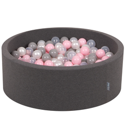 KiddyMoon Baby Foam Ball Pit with Balls ∅ 7cm / 2.75in Made in EU, dark grey:pearl/grey/transparent/light pink, 90 x 30 cm / 200 Balls