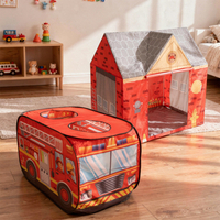 Playhouse Tent Set Fireman Fire Engine And Fire Station Indoor Outdoor Foldable Adventure Toy For Kids Boys Girls Group Activity Pretend Play, red, No balls