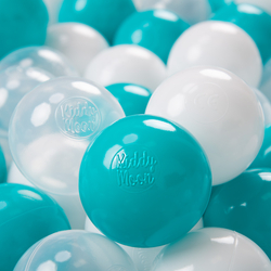 KiddyMoon Soft Plastic Play Balls ∅ 7cm/2.75in Multi-colour Made in EU, turquoise/transparent/white, 100 Balls/7cm-2.75in