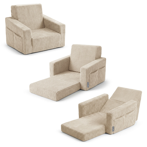 Foam armchair for kids convertible into bed, handle and side pockets, corduroy cover, beige, UNI