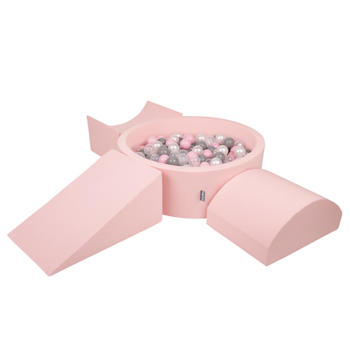 KiddyMoon Foam Playground for Kids with Round Ballpit ( ∅ 7cm/2.75In) Soft Obstacles Course and Ball Pool, Made In The EU, pink:pearl/grey/transparent/powder pink, Ballpit (200 Balls) + Version 4
