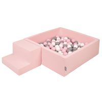 KiddyMoon Foam Playground for Kids with Square Ballpit ( ∅ 7cm/2.75In) Soft Obstacles Course and Ball Pool, Certified Made In The EU, pink:white/grey/powder pink, Ballpit (100 Balls) + Steps