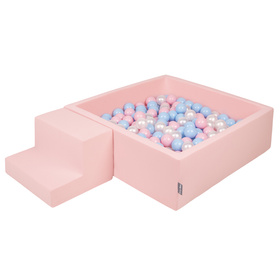 KiddyMoon Foam Playground for Kids with Square Ballpit ( ∅ 7cm/2.75In) Soft Obstacles Course and Ball Pool, Certified Made In The EU, pink:babyblue/powder pink/pearl, Ballpit (200 Balls) + Steps