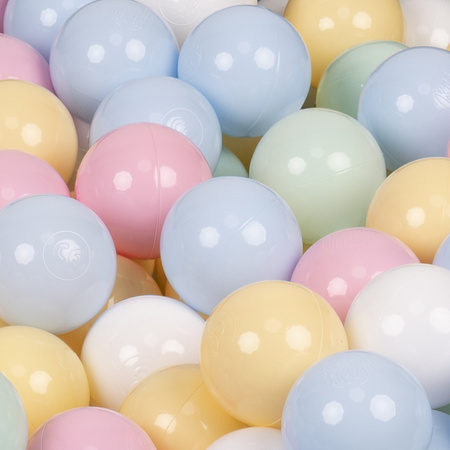 KiddyMoon Baby Foam Ball Pit with Balls ∅ 7cm / 2.75in Made in EU, light grey:pastel blue/pastel yellow/white/mint/light pink, 90x30cm/200 balls