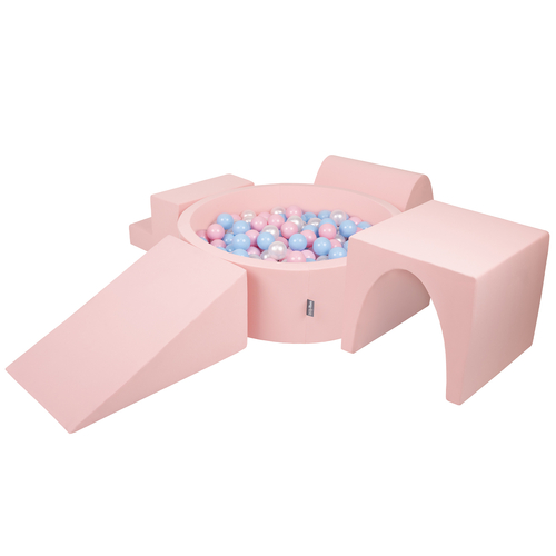 KiddyMoon Foam Playground for Kids with Round Ballpit ( ∅ 7cm/2.75In) Soft Obstacles Course and Ball Pool, Certified Made In The EU, pink:babyblue/powder pink/pearl, Ballpit (200 Balls) + Version 3