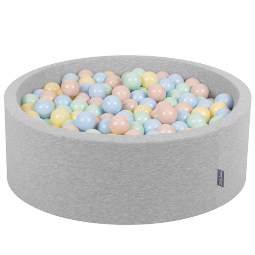 KiddyMoon Baby Foam Ball Pit with Balls ∅ 7cm / 2.75in Made in EU, light grey:pastel beige/pastel blue/pastel yellow/mint, 90 x 30 cm / 300 Balls