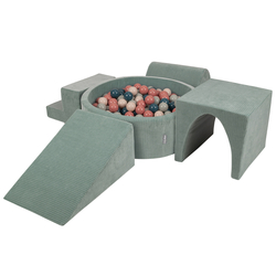KiddyMoon Foam Playground For Kids Soft Textured Safe Blocks, green: dark turquoise/pastel beige/greygreen/salmon pink, Ballpit (300 Balls) + Version 3
